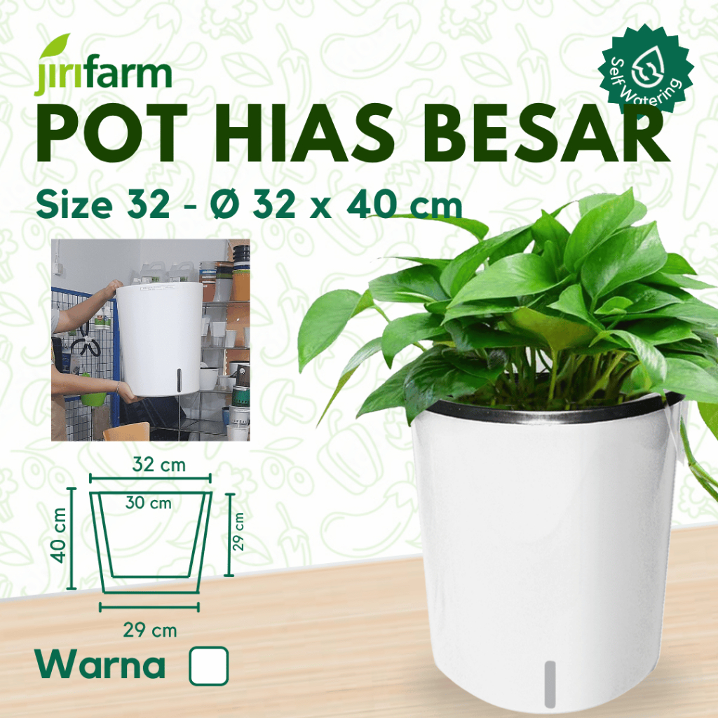 JIRIFARM - Pot Bunga Besar Putih Size 32 - Tanaman Hias Otomatis Self Watering Pot Unik