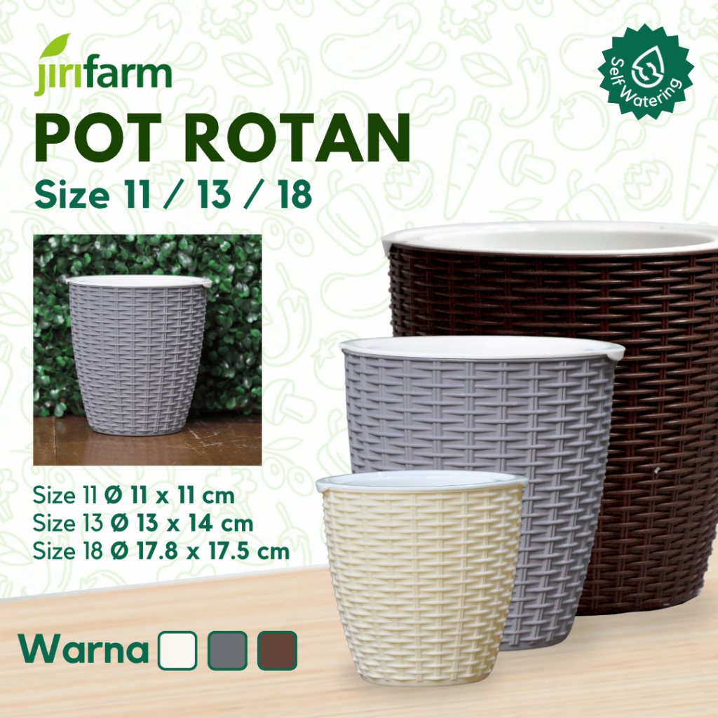 JIRIFARM - Pot Bunga Rotan Size 11 13 16 - Tanaman Hias Otomatis Self Watering Pot Unik