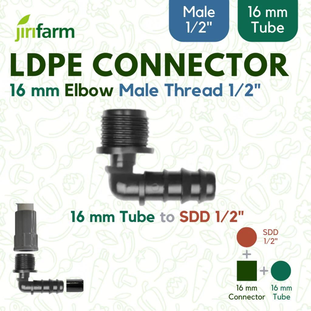 JIRIFARM - Barb Connector 16 mm - Elbow Male Thread | Konektor Selang 16mm PE Irigasi Hidroponik - Elbow Drat Luar - 1/2"